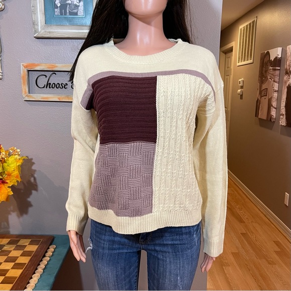 SHEIN Sweaters - Cream burgundy color block sweater